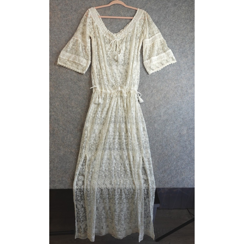 Melissa Odabash Crochet Maxi Dress M Ivory Lace Sheer Boho Kaftan Beach Cover Up